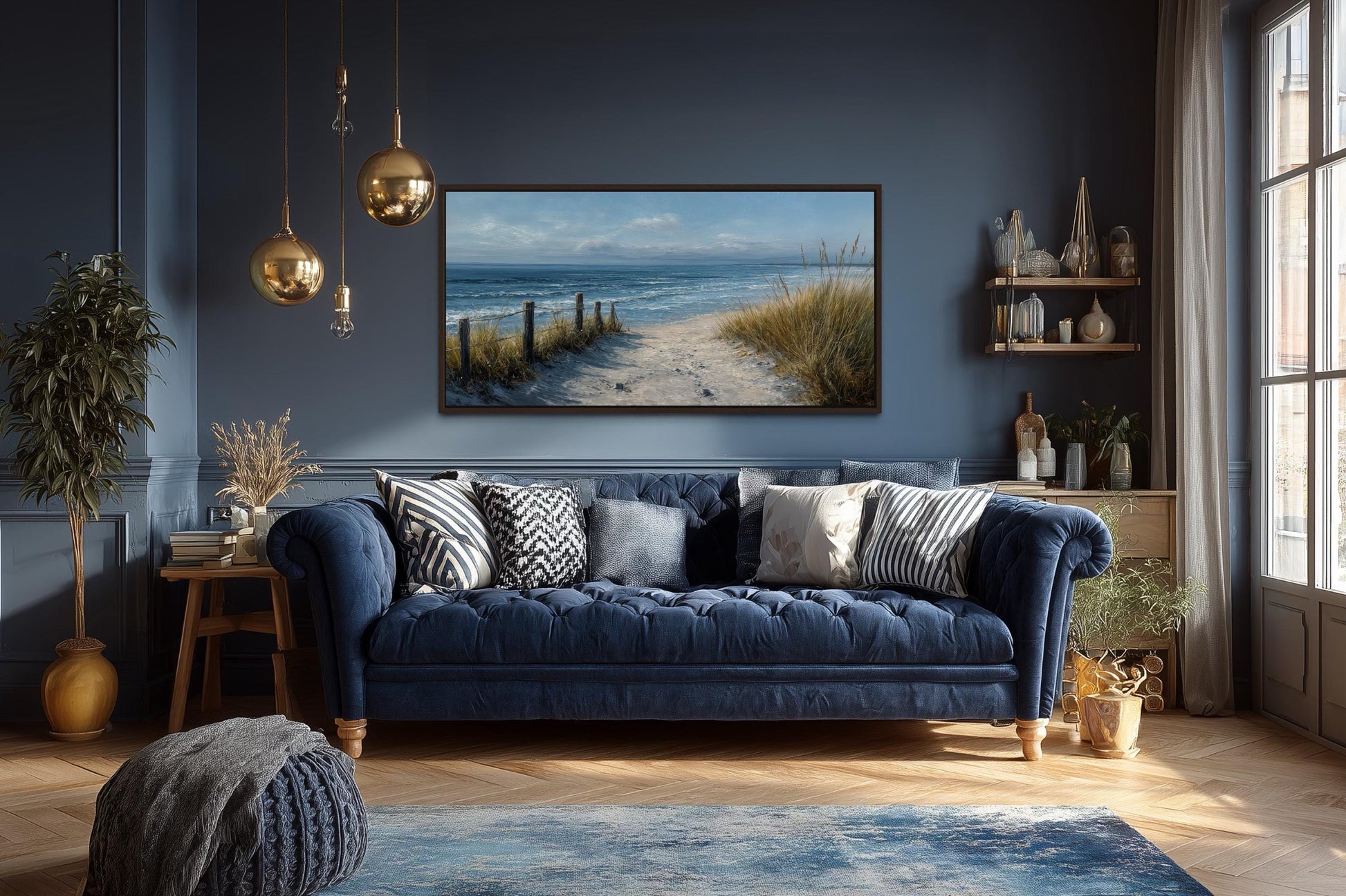 Coastal Beach Wall Art – Blue Beige Ocean Canvas Print | Horizontal Coastal Painting for Living Room
