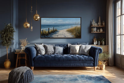 Coastal Beach Wall Art – Blue Beige Ocean Canvas Print | Horizontal Coastal Painting for Living Room