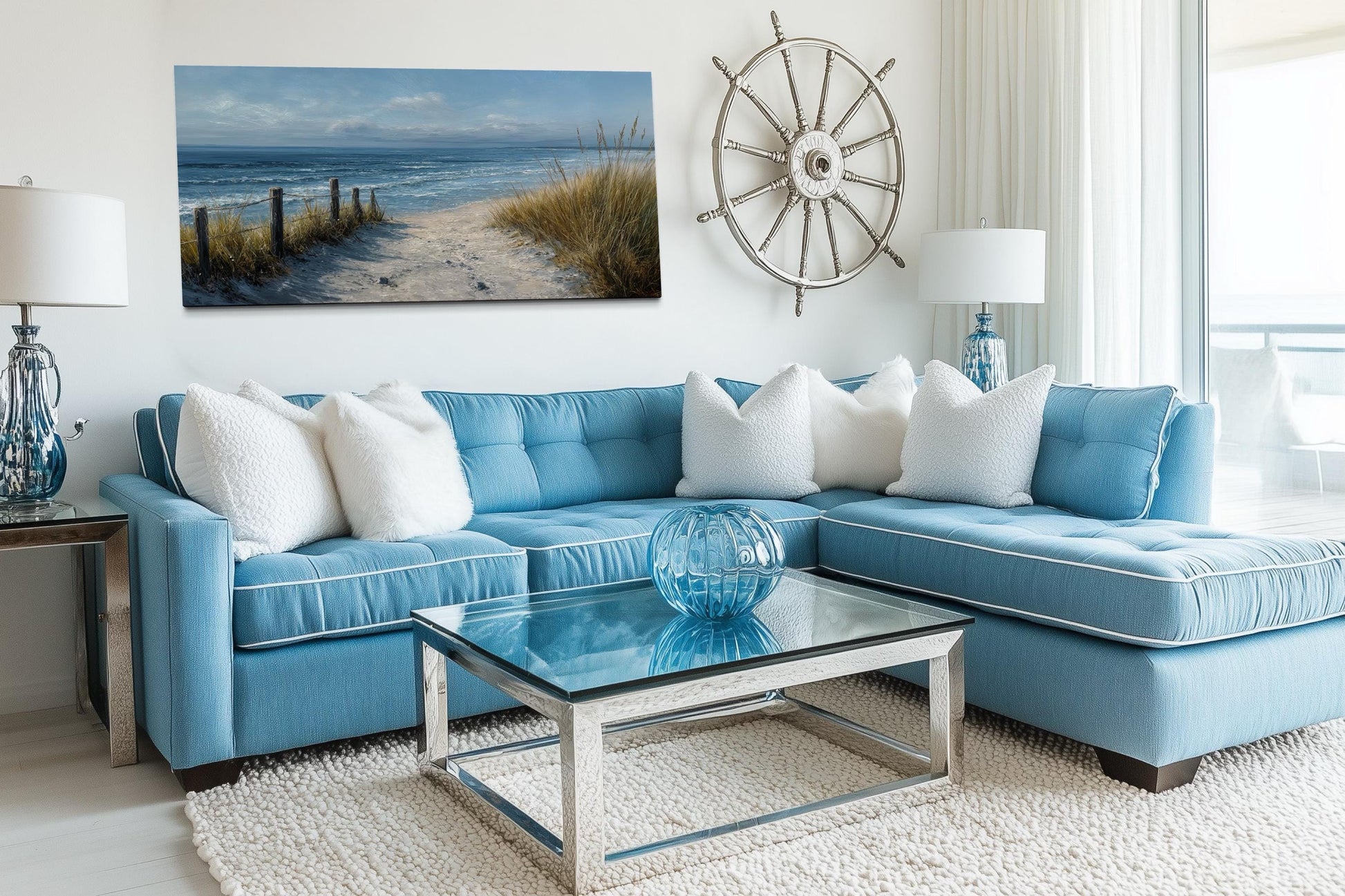 Coastal Beach Wall Art – Blue Beige Ocean Canvas Print | Horizontal Coastal Painting for Living Room