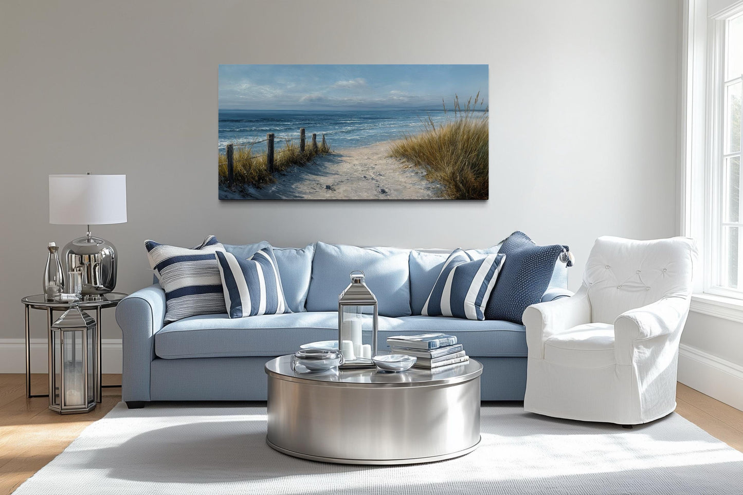 Coastal Beach Wall Art – Blue Beige Ocean Canvas Print | Horizontal Coastal Painting for Living Room