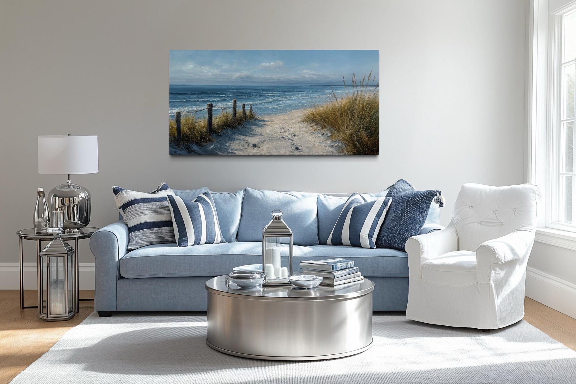 Coastal Beach Wall Art – Blue Beige Ocean Canvas Print | Horizontal Coastal Painting for Living Room