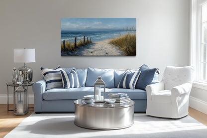 Coastal Beach Wall Art – Blue Beige Ocean Canvas Print | Horizontal Coastal Painting for Living Room
