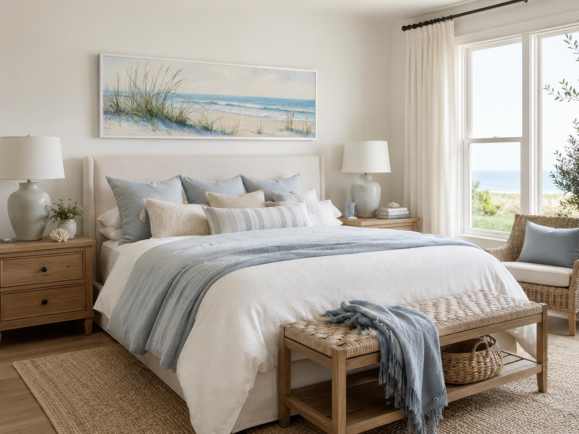 Coastal Bedroom Wall Art – Sandy Beach Dunes Ocean Canvas Print With Sea Grass