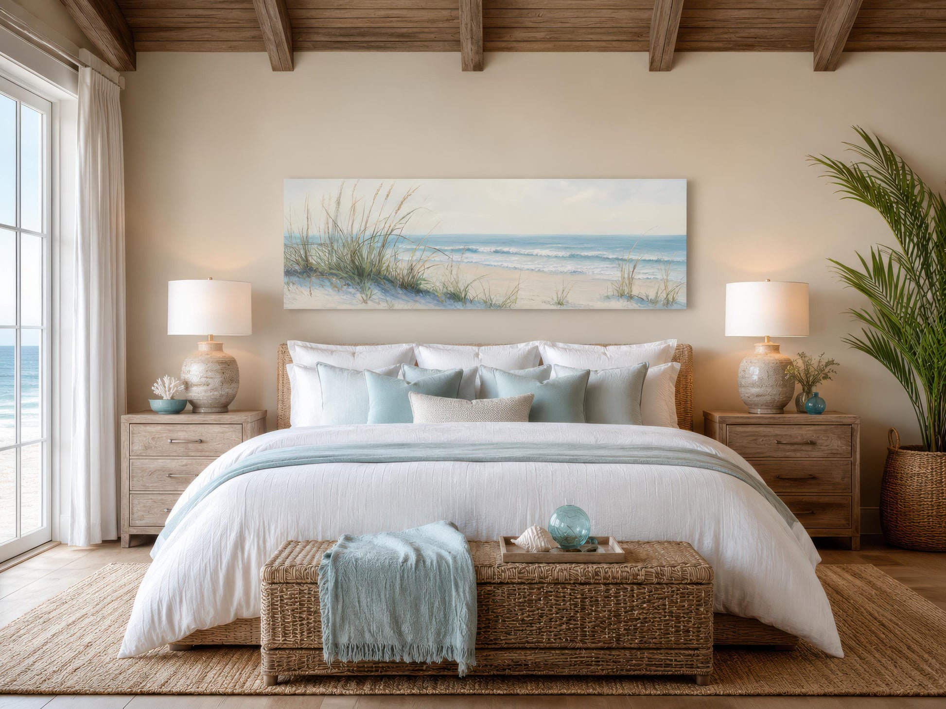 Coastal Bedroom Wall Art – Sandy Beach Dunes Ocean Canvas Print With Sea Grass