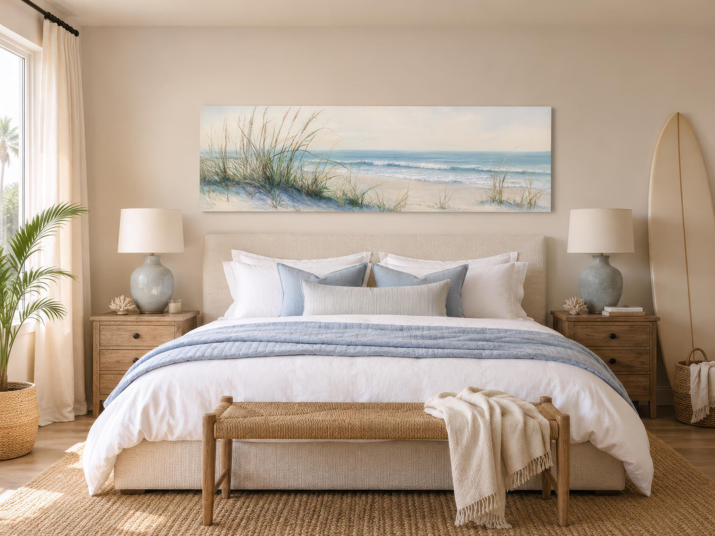 Coastal Bedroom Wall Art – Sandy Beach Dunes Ocean Canvas Print With Sea Grass