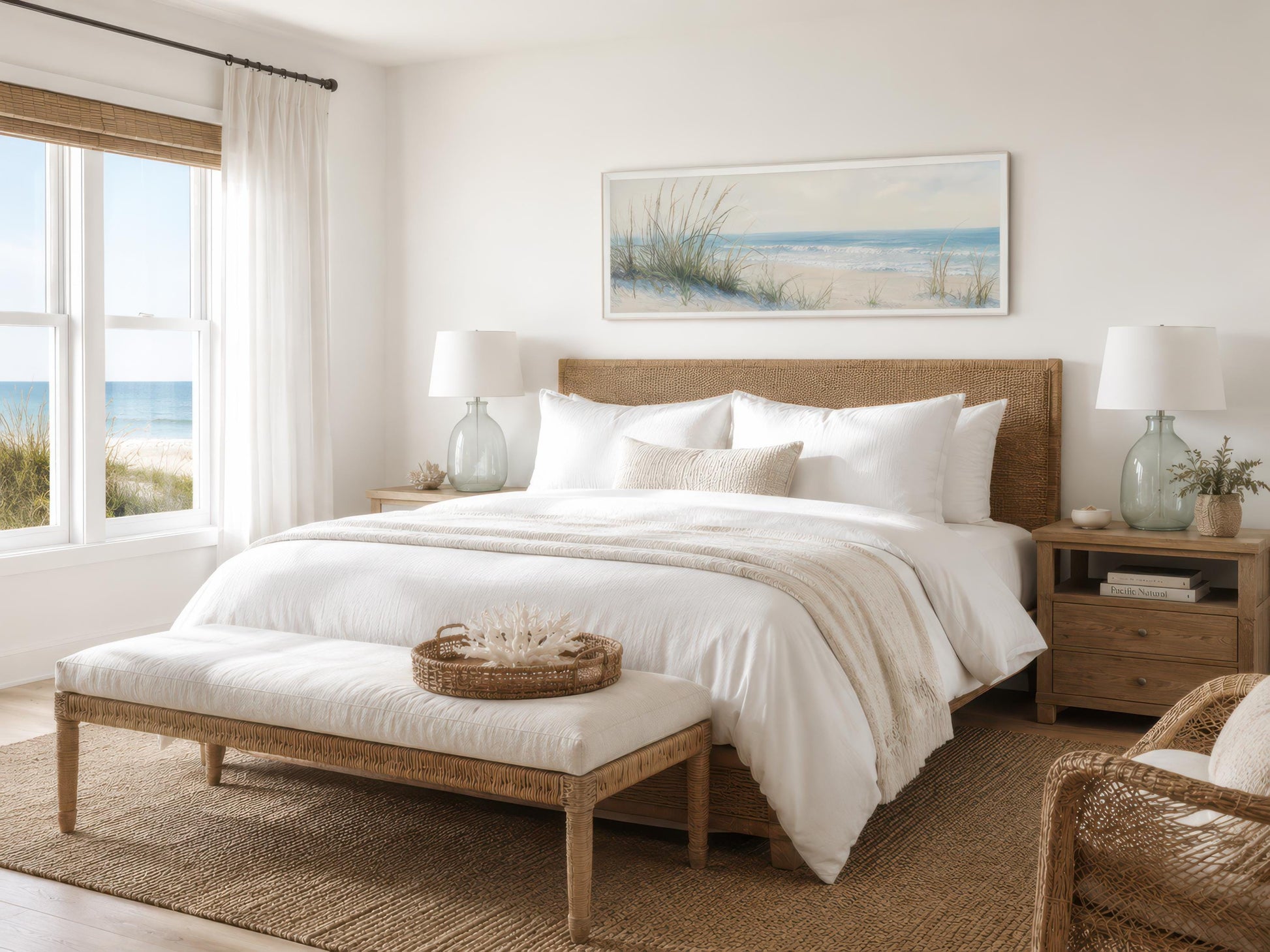 Coastal Bedroom Wall Art – Sandy Beach Dunes Ocean Canvas Print With Sea Grass