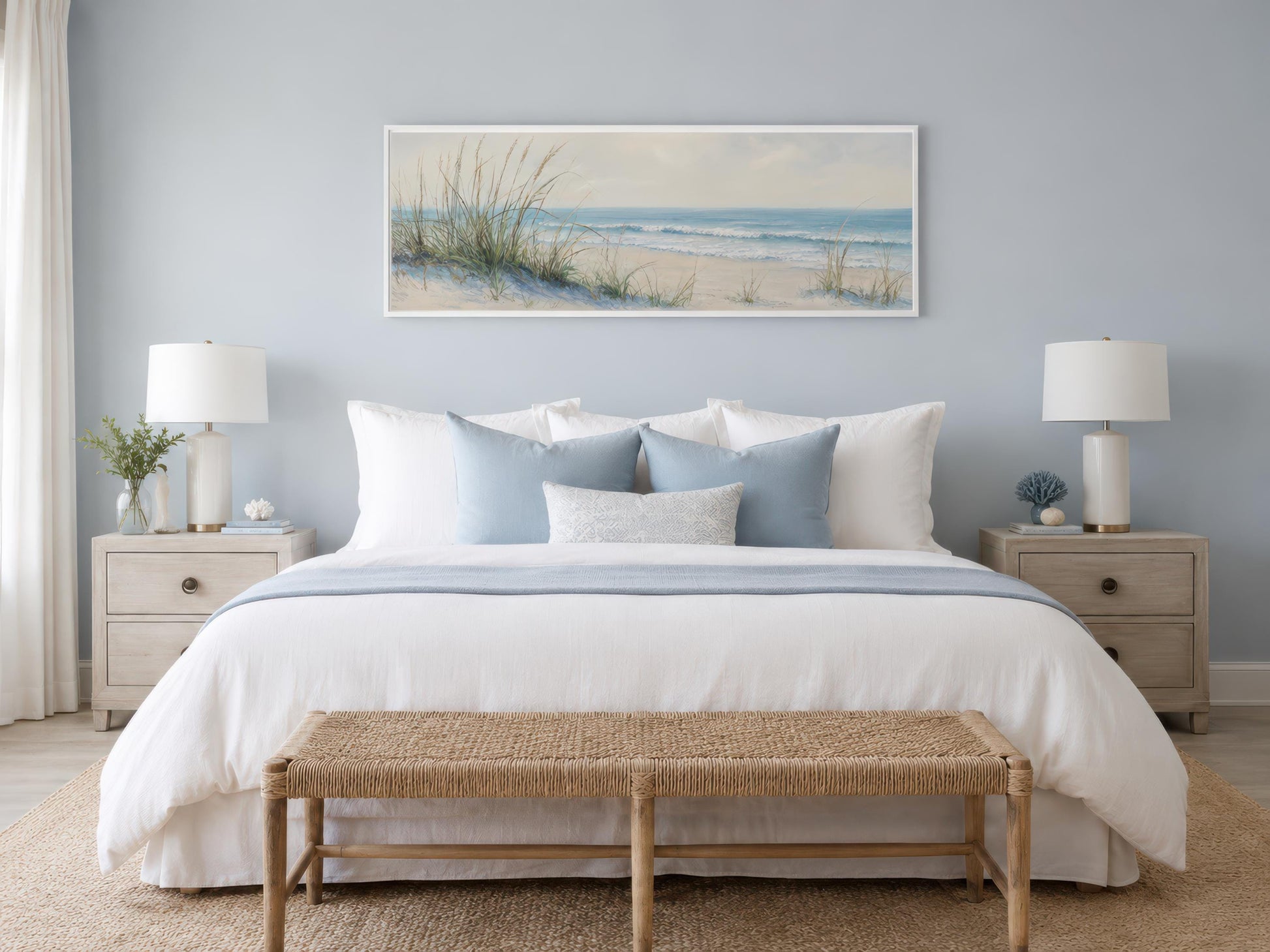 Coastal Bedroom Wall Art – Sandy Beach Dunes Ocean Canvas Print With Sea Grass