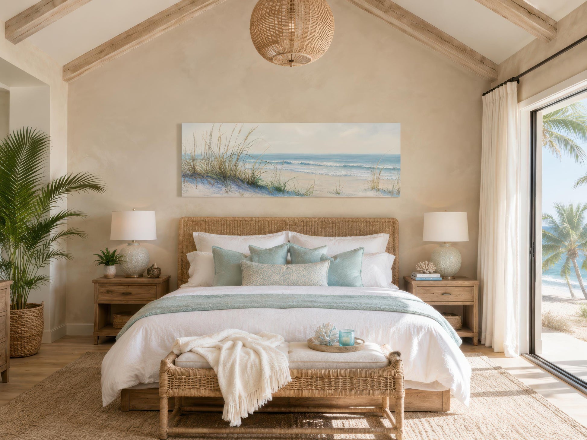 Coastal Bedroom Wall Art – Sandy Beach Dunes Ocean Canvas Print With Sea Grass