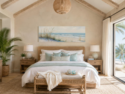 Coastal Bedroom Wall Art – Sandy Beach Dunes Ocean Canvas Print With Sea Grass