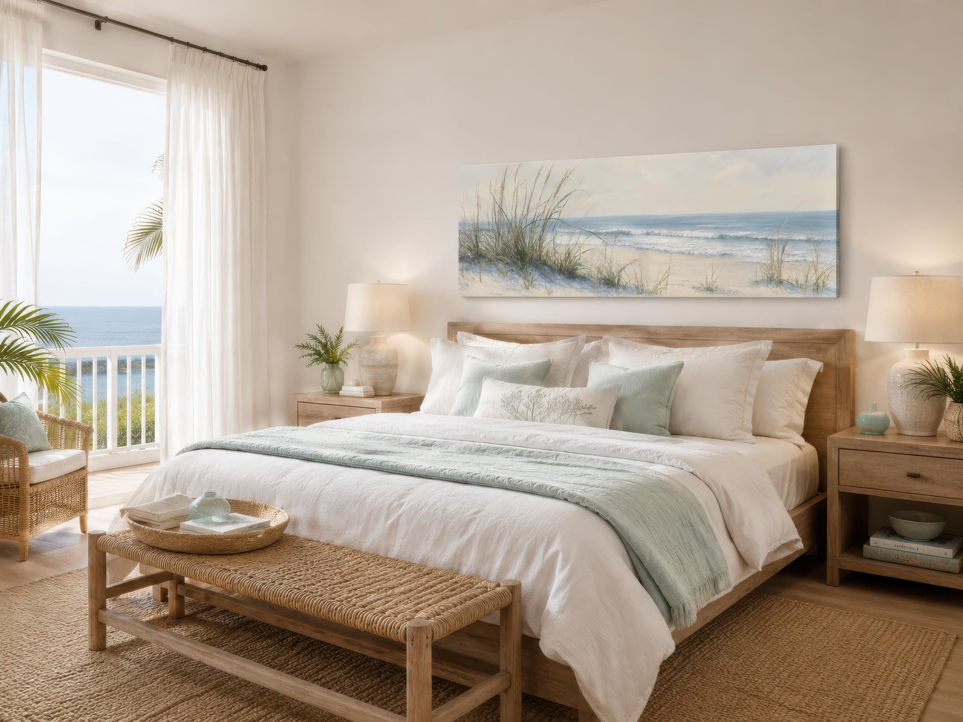 Coastal Bedroom Wall Art – Sandy Beach Dunes Ocean Canvas Print With Sea Grass