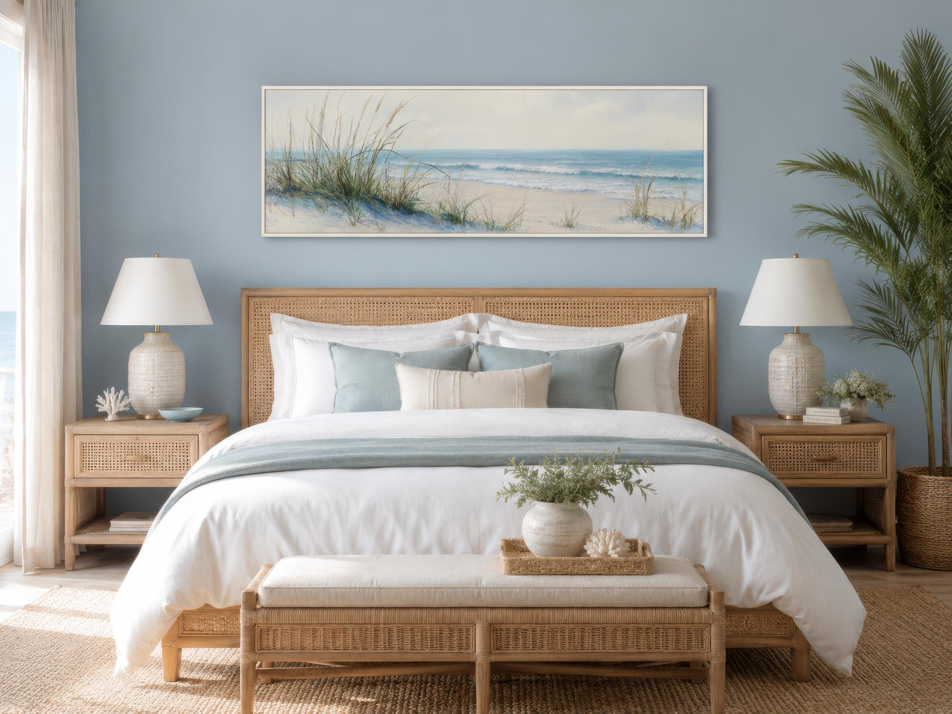 Coastal Bedroom Wall Art – Sandy Beach Dunes Ocean Canvas Print With Sea Grass