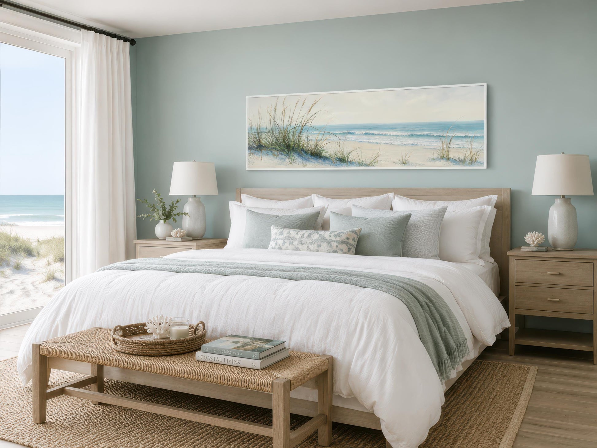 Coastal Bedroom Wall Art – Sandy Beach Dunes Ocean Canvas Print With Sea Grass
