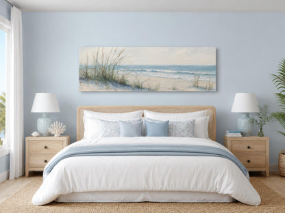 Coastal Bedroom Wall Art – Sandy Beach Dunes Ocean Canvas Print With Sea Grass