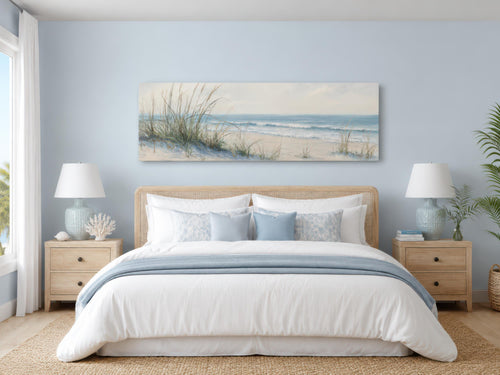 Coastal Bedroom Wall Art – Sandy Beach Dunes Ocean Canvas Print With Sea Grass