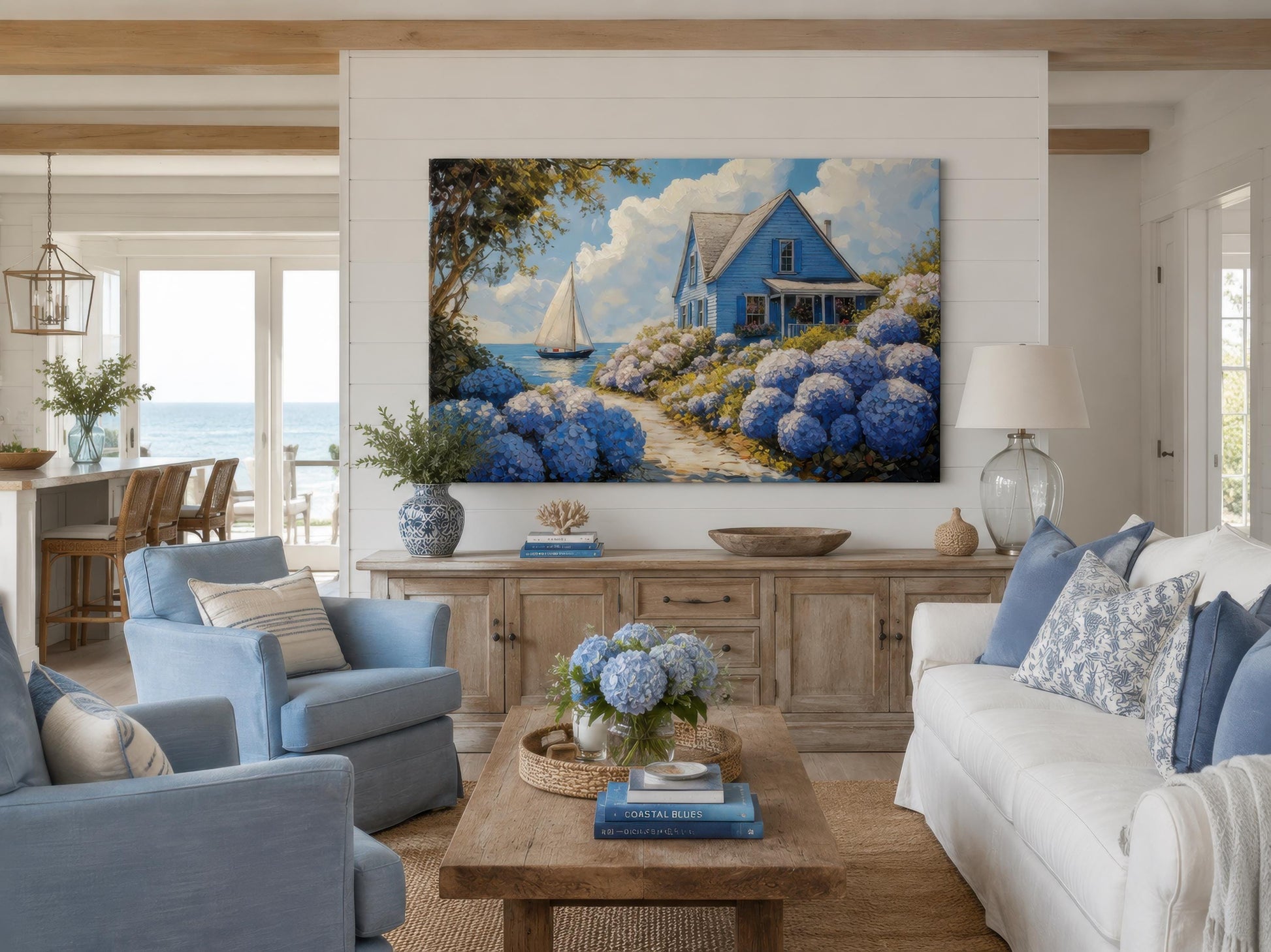 Coastal Canvas Print - Blue Cottage Art with Hydrangea Wall Art & Sailboat Scene