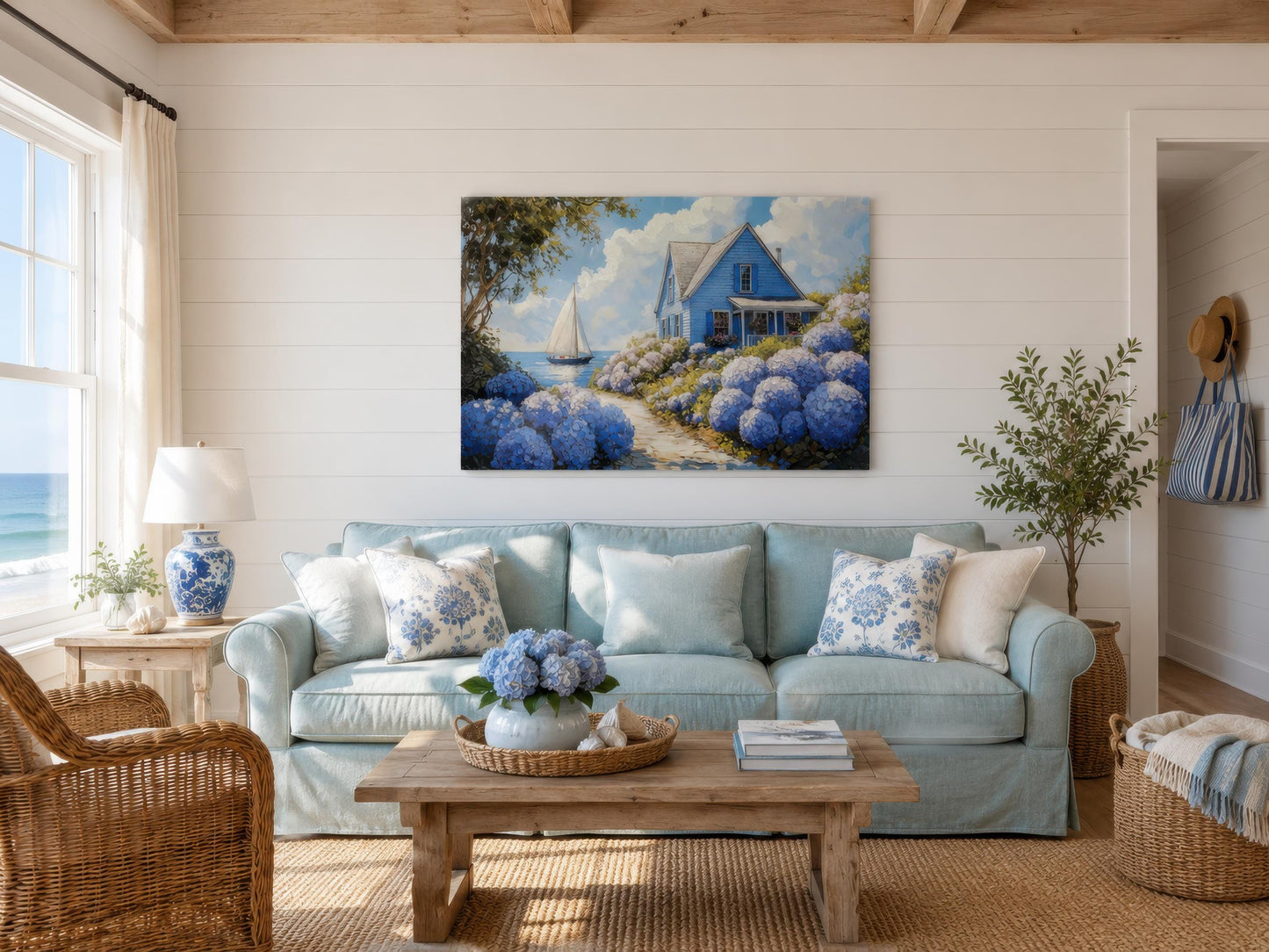 Coastal Canvas Print - Blue Cottage Art with Hydrangea Wall Art & Sailboat Scene