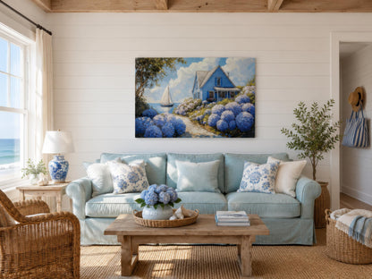 Coastal Canvas Print - Blue Cottage Art with Hydrangea Wall Art & Sailboat Scene