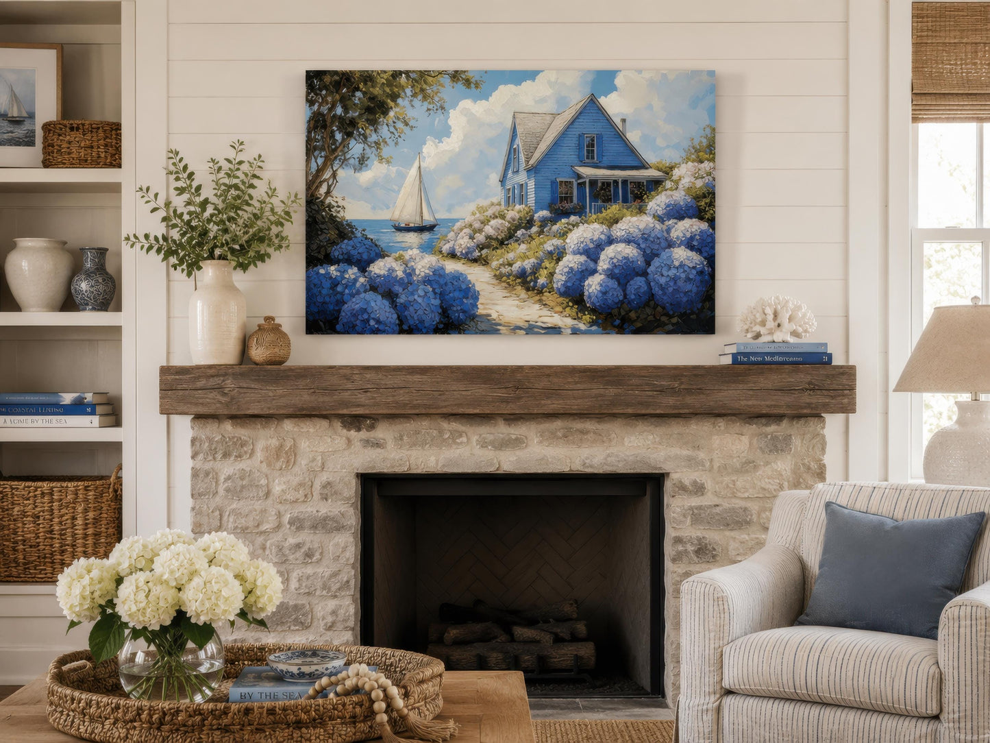 Coastal Canvas Print - Blue Cottage Art with Hydrangea Wall Art & Sailboat Scene