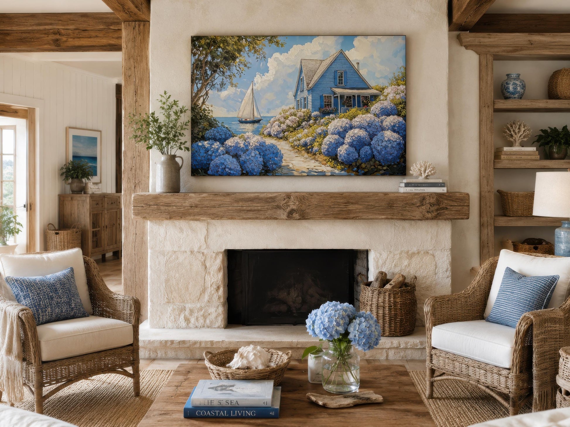 Coastal Canvas Print - Blue Cottage Art with Hydrangea Wall Art & Sailboat Scene