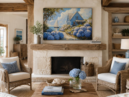 Coastal Canvas Print - Blue Cottage Art with Hydrangea Wall Art & Sailboat Scene