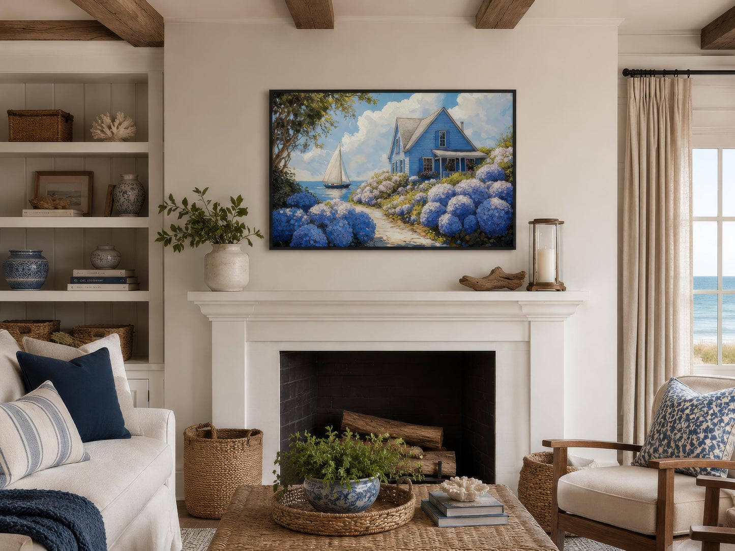 Coastal Canvas Print - Blue Cottage Art with Hydrangea Wall Art & Sailboat Scene