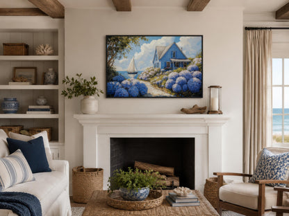 Coastal Canvas Print - Blue Cottage Art with Hydrangea Wall Art & Sailboat Scene
