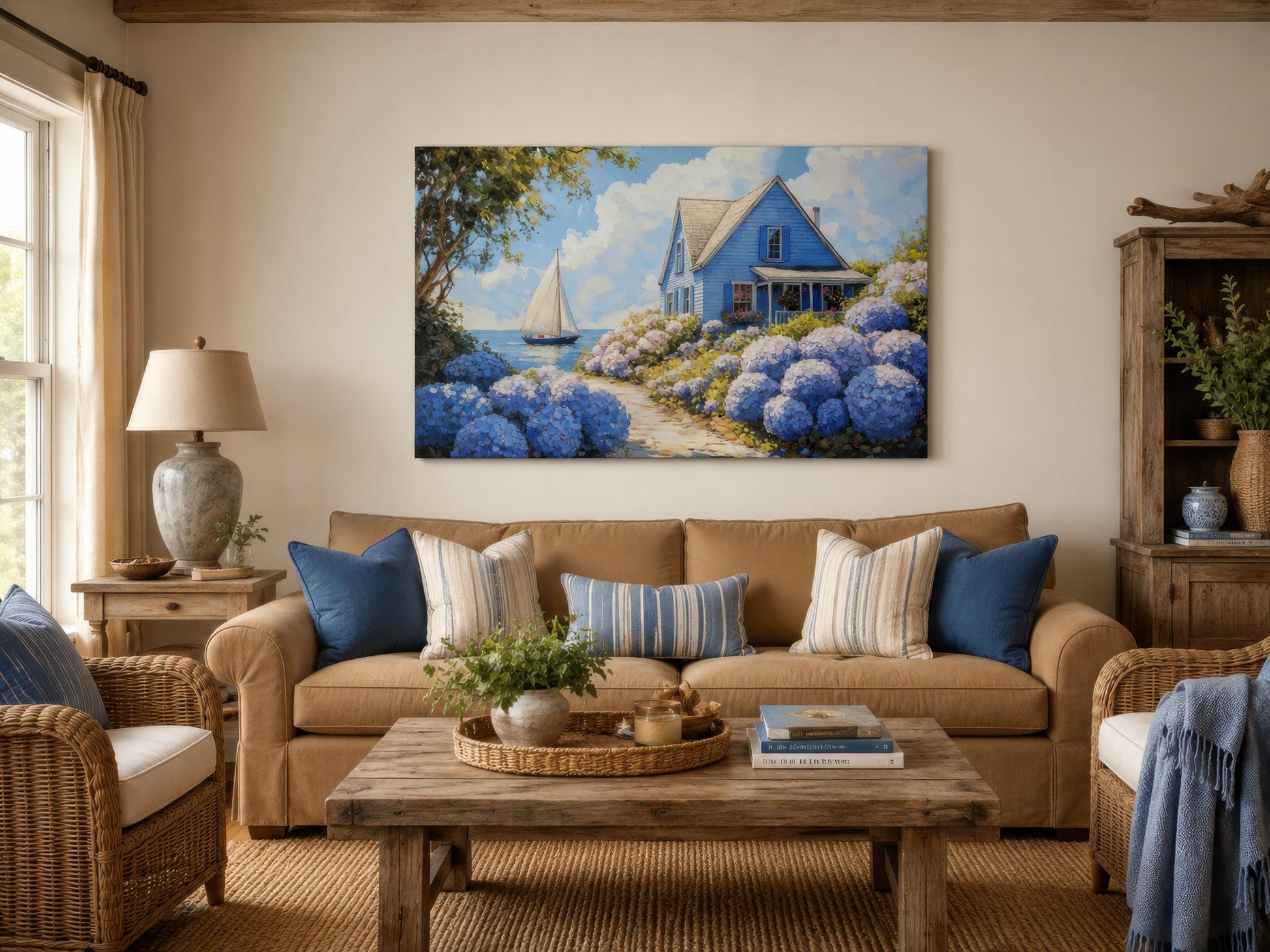 Coastal Canvas Print - Blue Cottage Art with Hydrangea Wall Art & Sailboat Scene