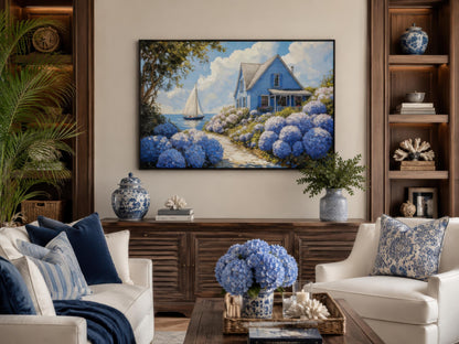Coastal Canvas Print - Blue Cottage Art with Hydrangea Wall Art & Sailboat Scene