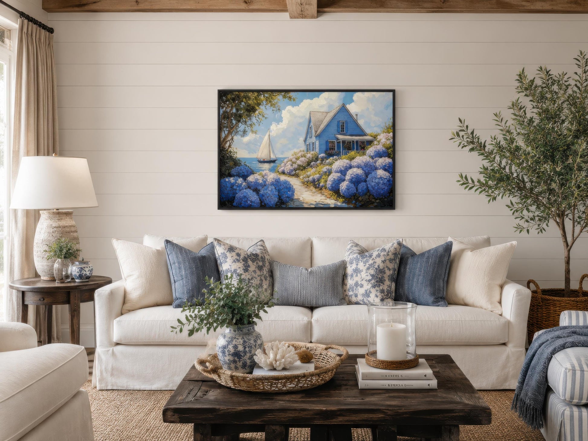 Coastal Canvas Print - Blue Cottage Art with Hydrangea Wall Art & Sailboat Scene