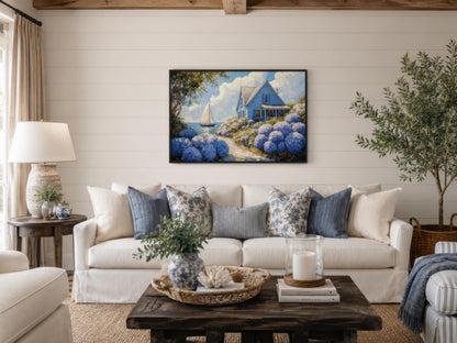 Coastal Canvas Print - Blue Cottage Art with Hydrangea Wall Art & Sailboat Scene