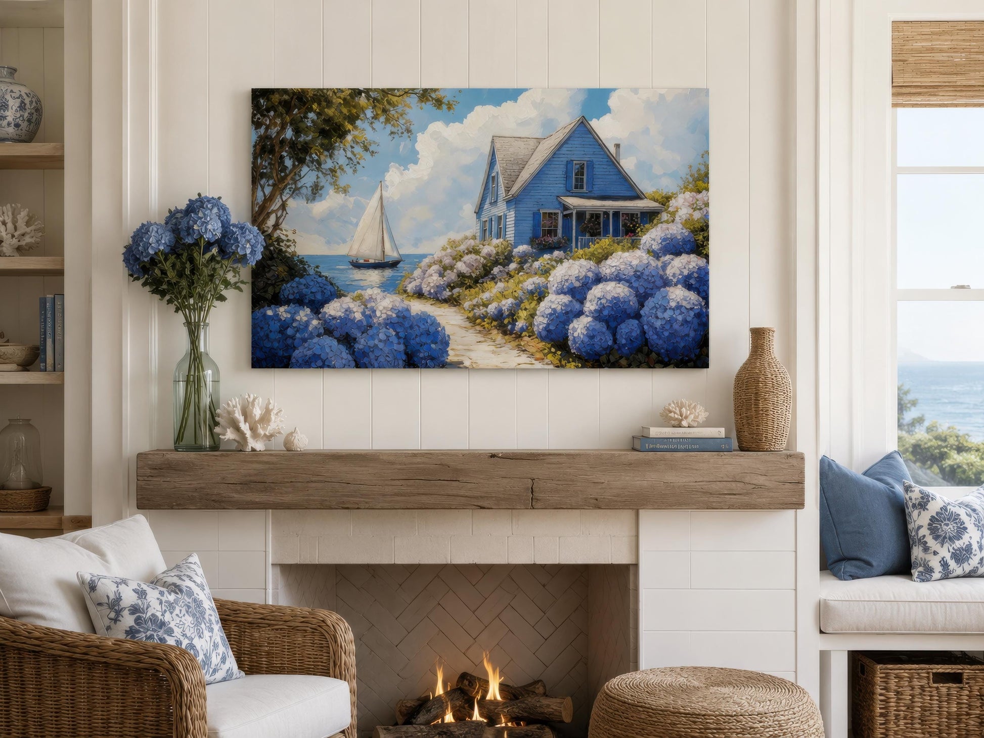 Coastal Canvas Print - Blue Cottage Art with Hydrangea Wall Art & Sailboat Scene