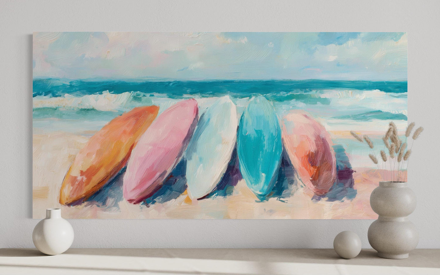 Coastal Canvas Wall Art With Pastel Surfboards