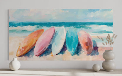 Coastal Canvas Wall Art With Pastel Surfboards