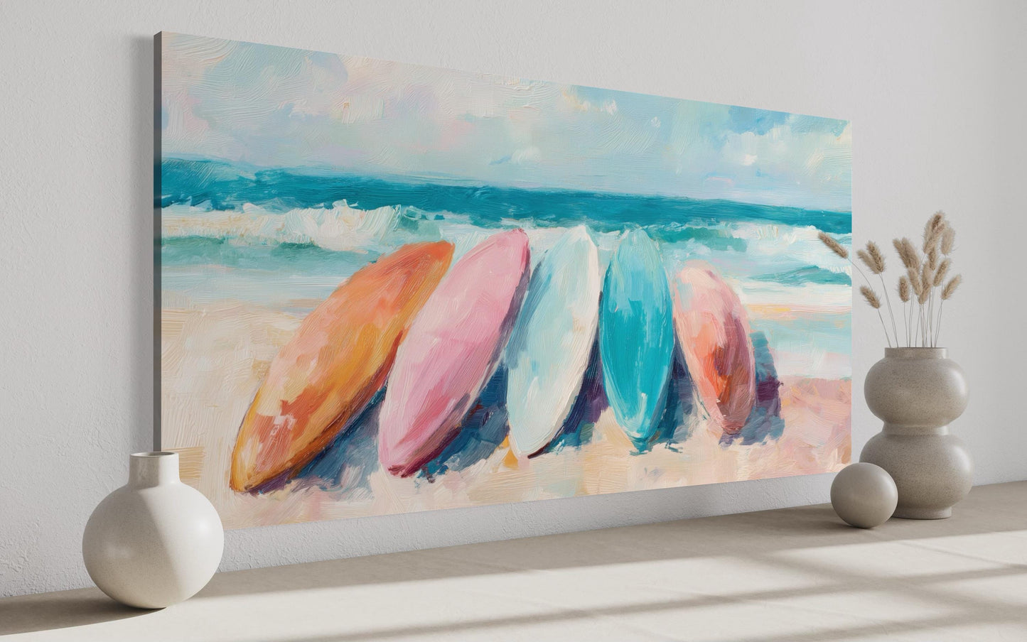 Coastal Canvas Wall Art With Pastel Surfboards