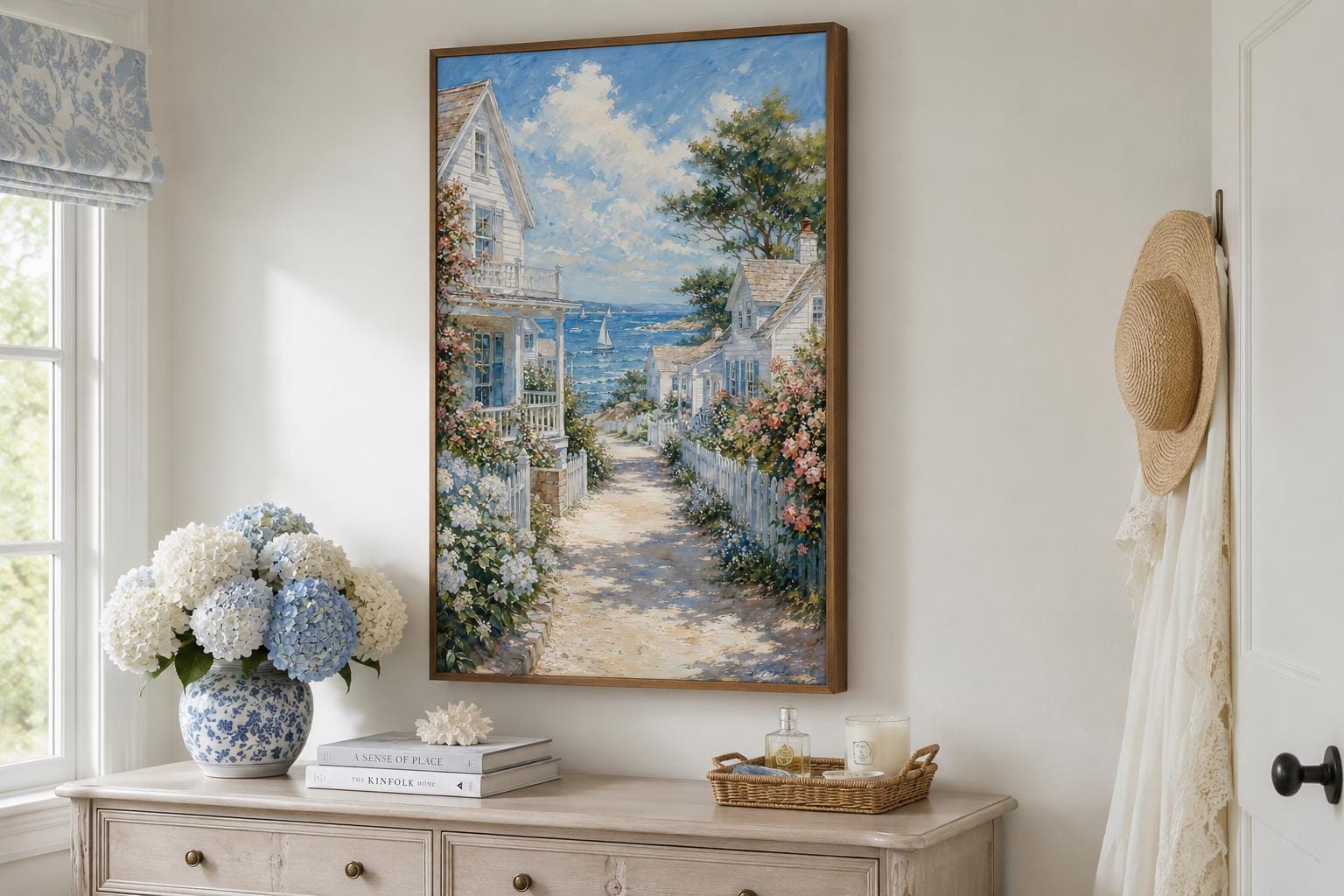 Coastal Cottage Wall Art - Vertical Canvas Print | Seaside Path Painting