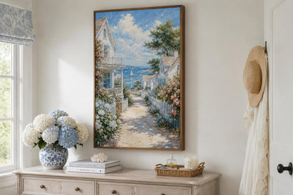 Coastal Cottage Wall Art - Vertical Canvas Print | Seaside Path Painting