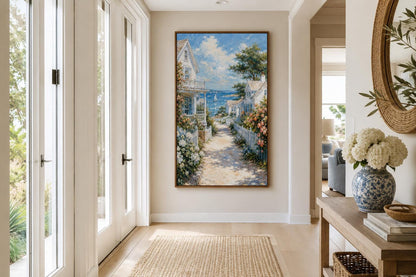 Coastal Cottage Wall Art - Vertical Canvas Print | Seaside Path Painting