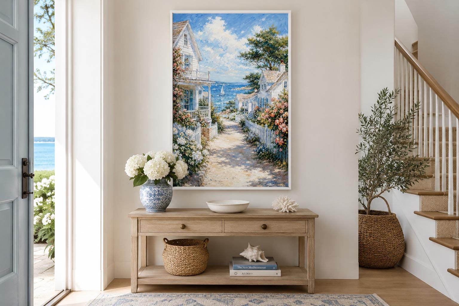 Coastal Cottage Wall Art - Vertical Canvas Print | Seaside Path Painting
