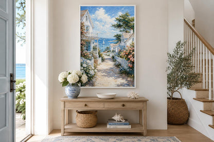 Coastal Cottage Wall Art - Vertical Canvas Print | Seaside Path Painting