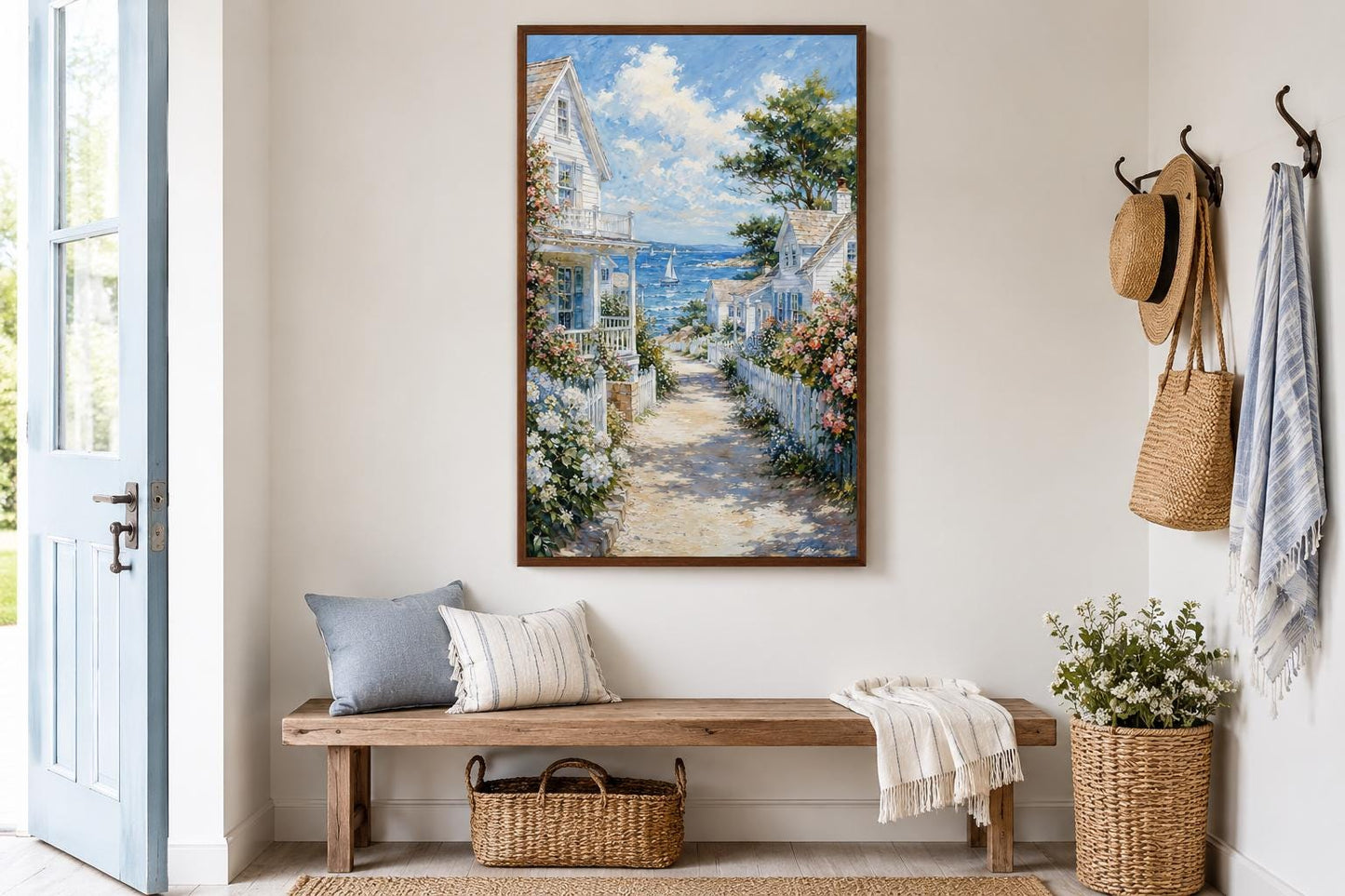 Coastal Cottage Wall Art - Vertical Canvas Print | Seaside Path Painting