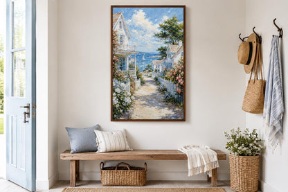 Coastal Cottage Wall Art - Vertical Canvas Print | Seaside Path Painting