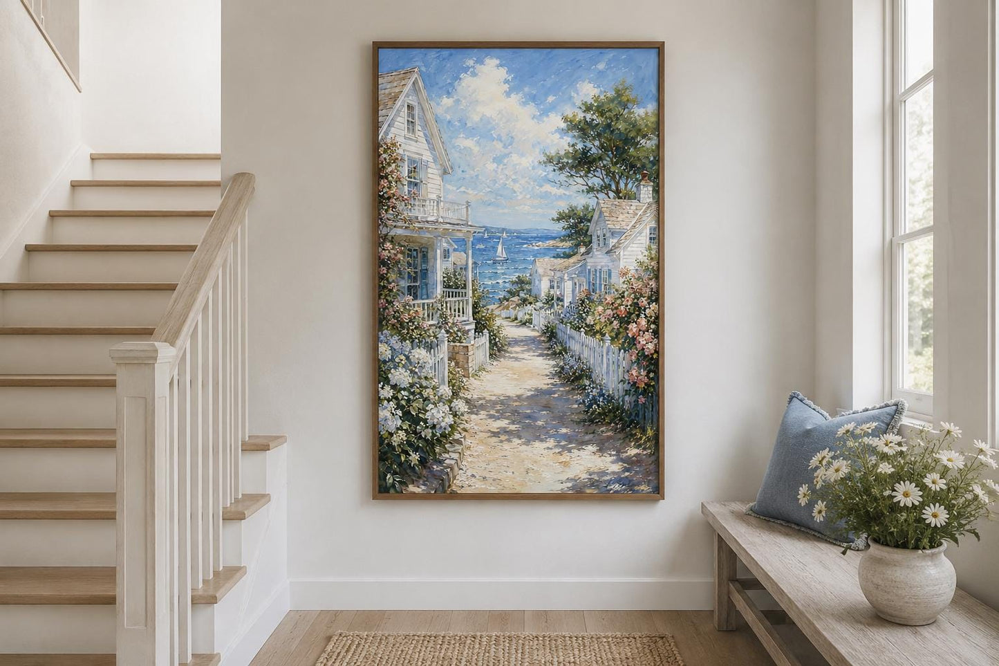 Coastal Cottage Wall Art - Vertical Canvas Print | Seaside Path Painting