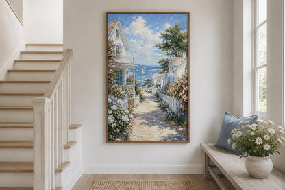 Coastal Cottage Wall Art - Vertical Canvas Print | Seaside Path Painting
