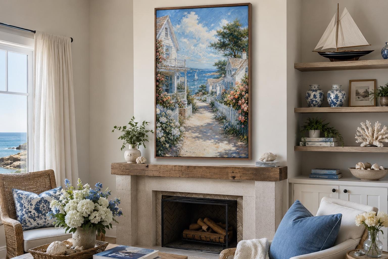 Coastal Cottage Wall Art - Vertical Canvas Print | Seaside Path Painting