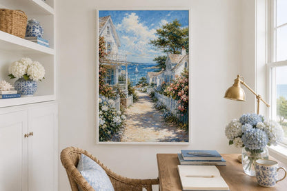 Coastal Cottage Wall Art - Vertical Canvas Print | Seaside Path Painting
