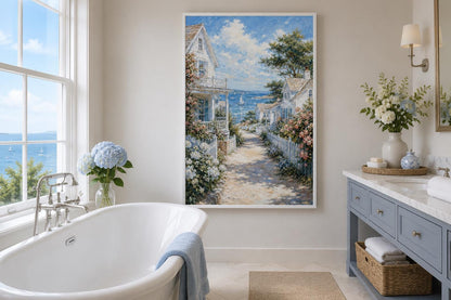 Coastal Cottage Wall Art - Vertical Canvas Print | Seaside Path Painting