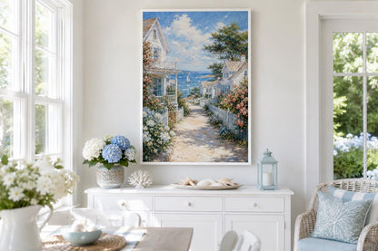 Coastal Cottage Wall Art - Vertical Canvas Print | Seaside Path Painting