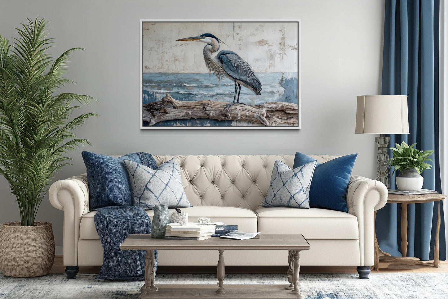 Coastal Heron On Driftwood Wall Art – Canvas Print | Serene Bird Artwork for Lake House Decor