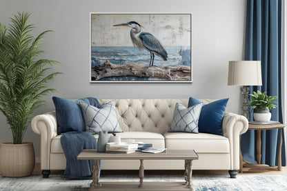 Coastal Heron On Driftwood Wall Art – Canvas Print | Serene Bird Artwork for Lake House Decor