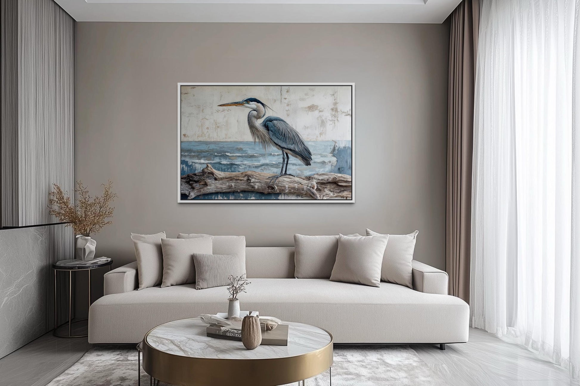 Coastal Heron On Driftwood Wall Art – Canvas Print | Serene Bird Artwork for Lake House Decor